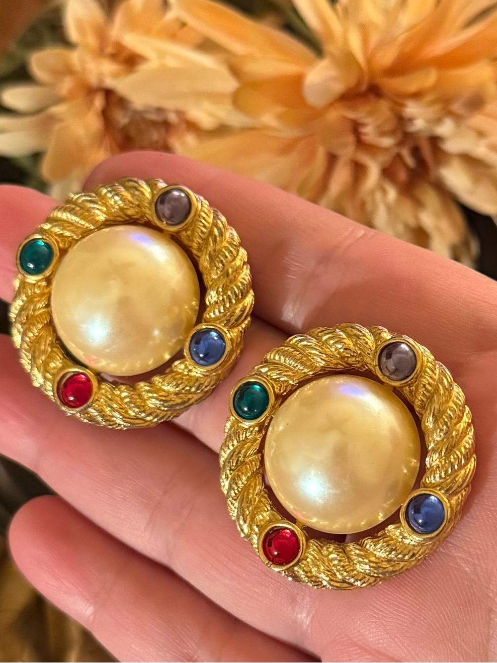 Mogul/Gripoix Goldtone Pearl With Multicolor Cabochon Earrings